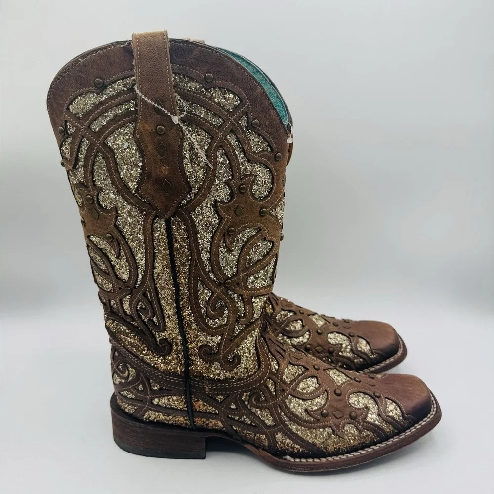 Corral Orix Glitter Inlay‎ Boots Women's Size 11 Brown Leather Gold Studded